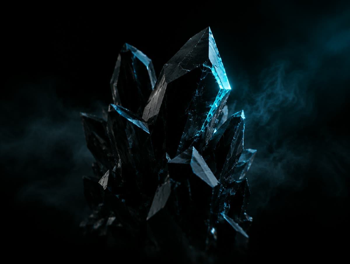 Faceted black obsidian crystals catching a cyan light
