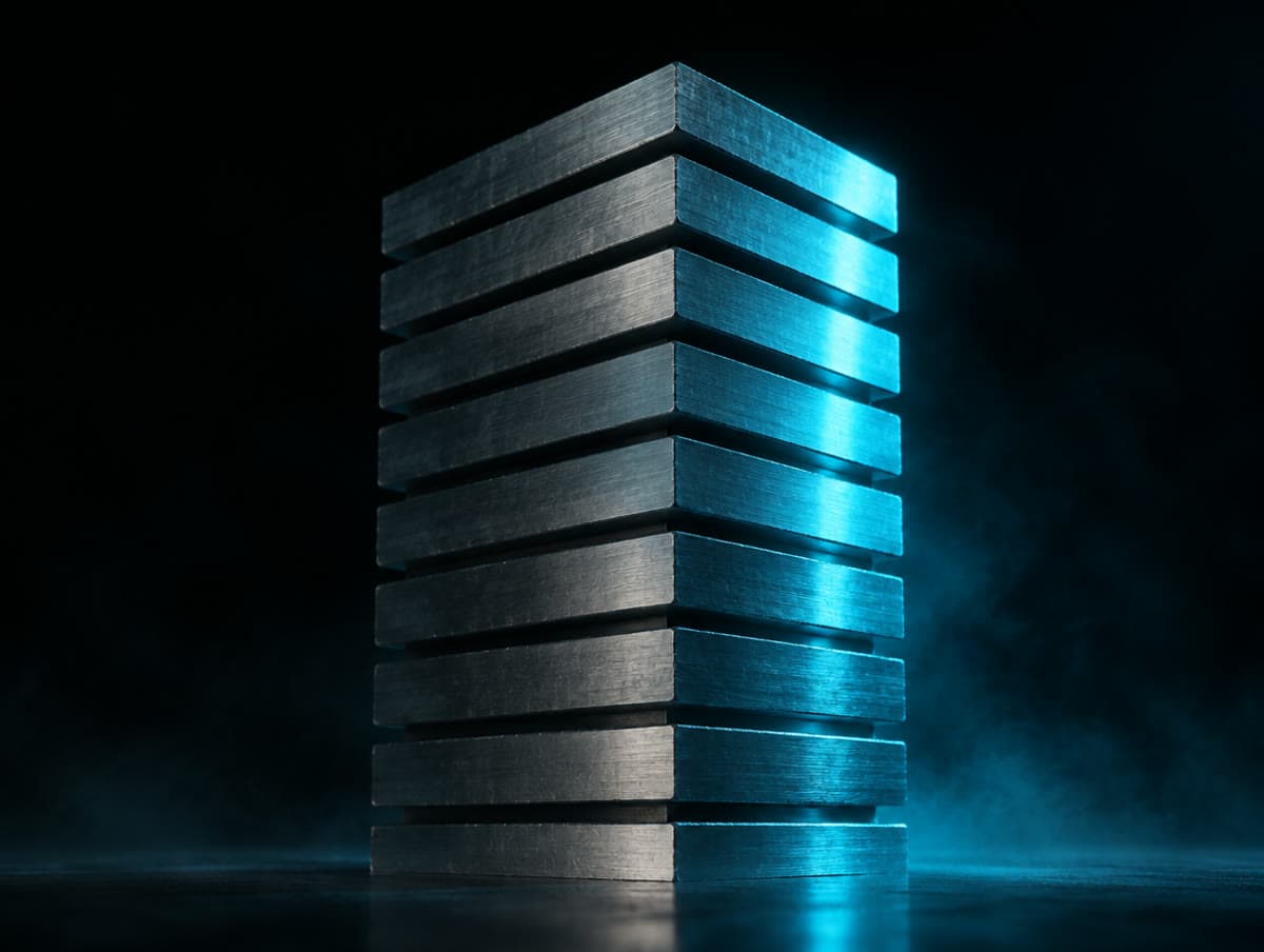 A stack of brushed titanium slabs edged in cyan light