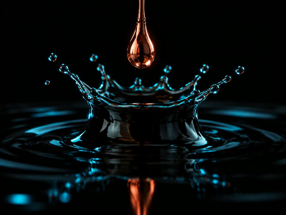 A drop of molten copper falling into black crude oil