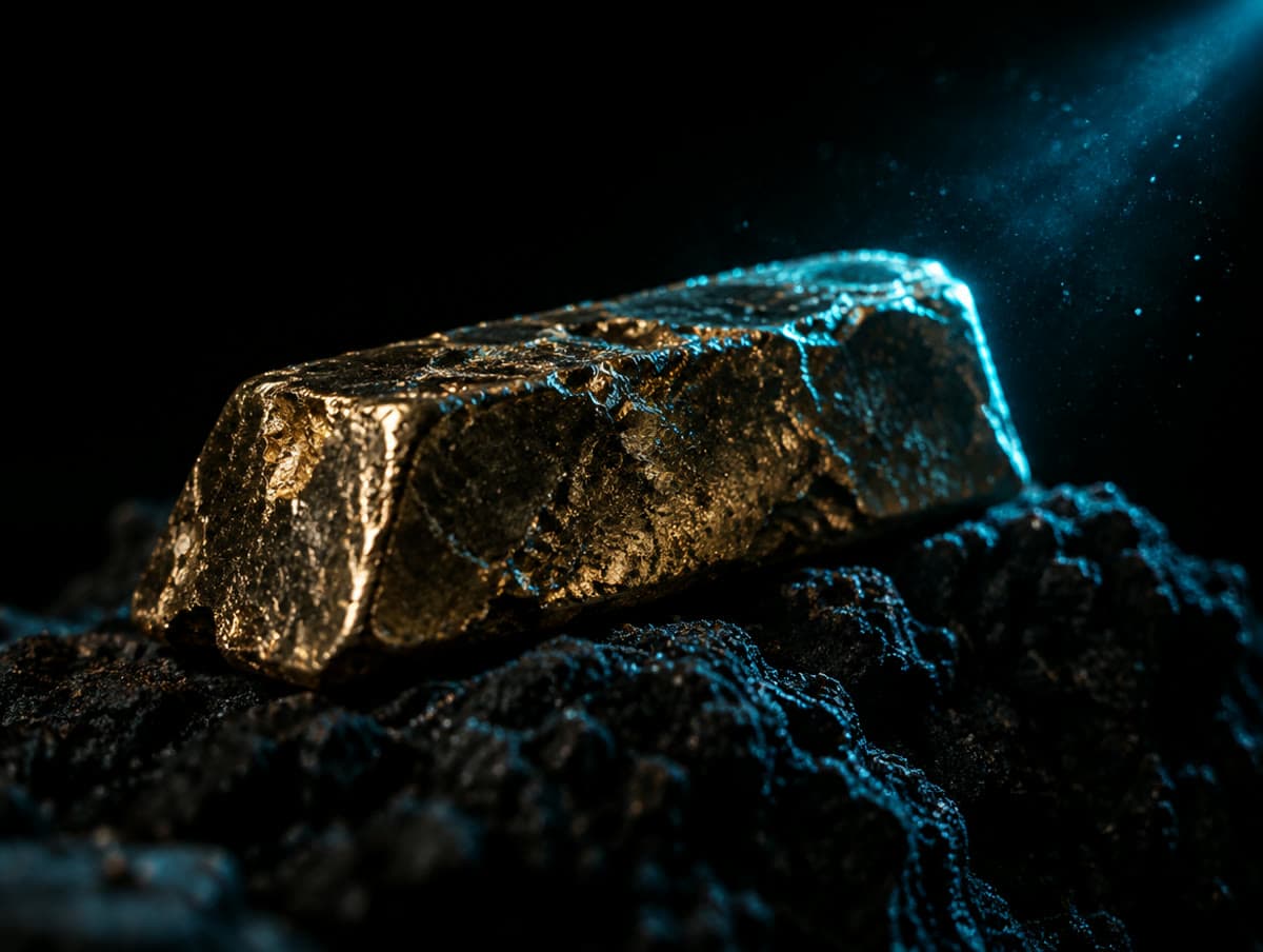 A raw gold ingot resting on black volcanic stone