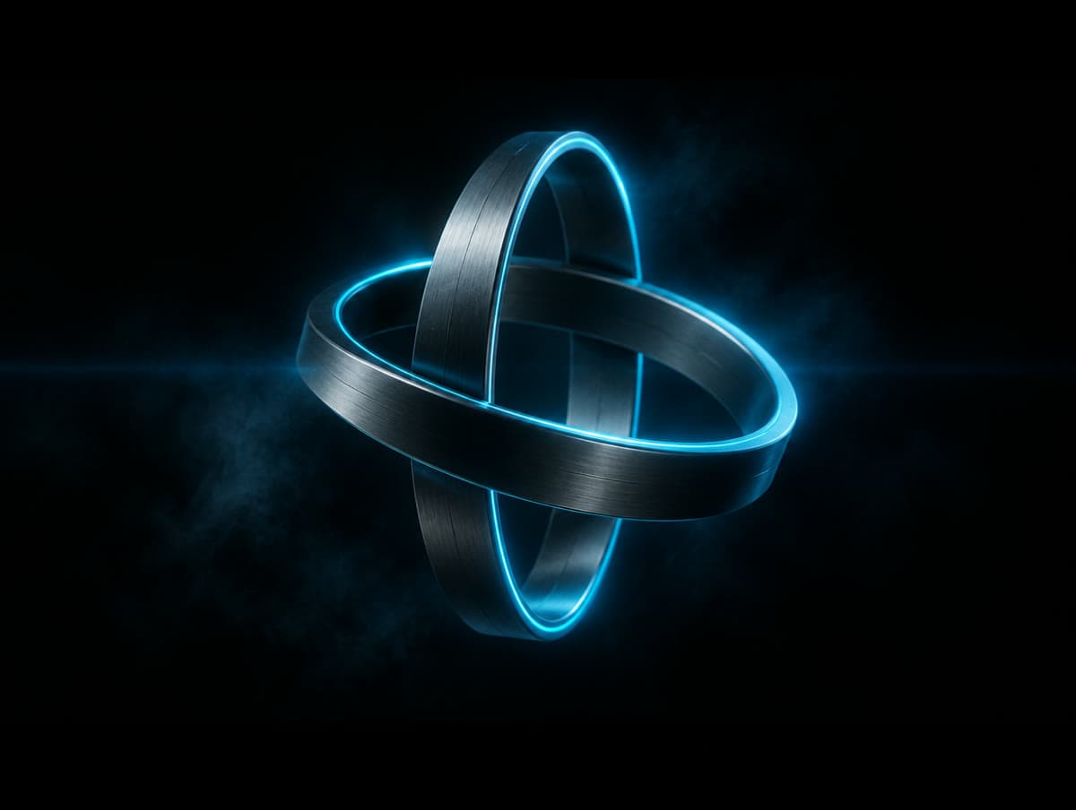Two interlocking titanium rings balanced in mid-air
